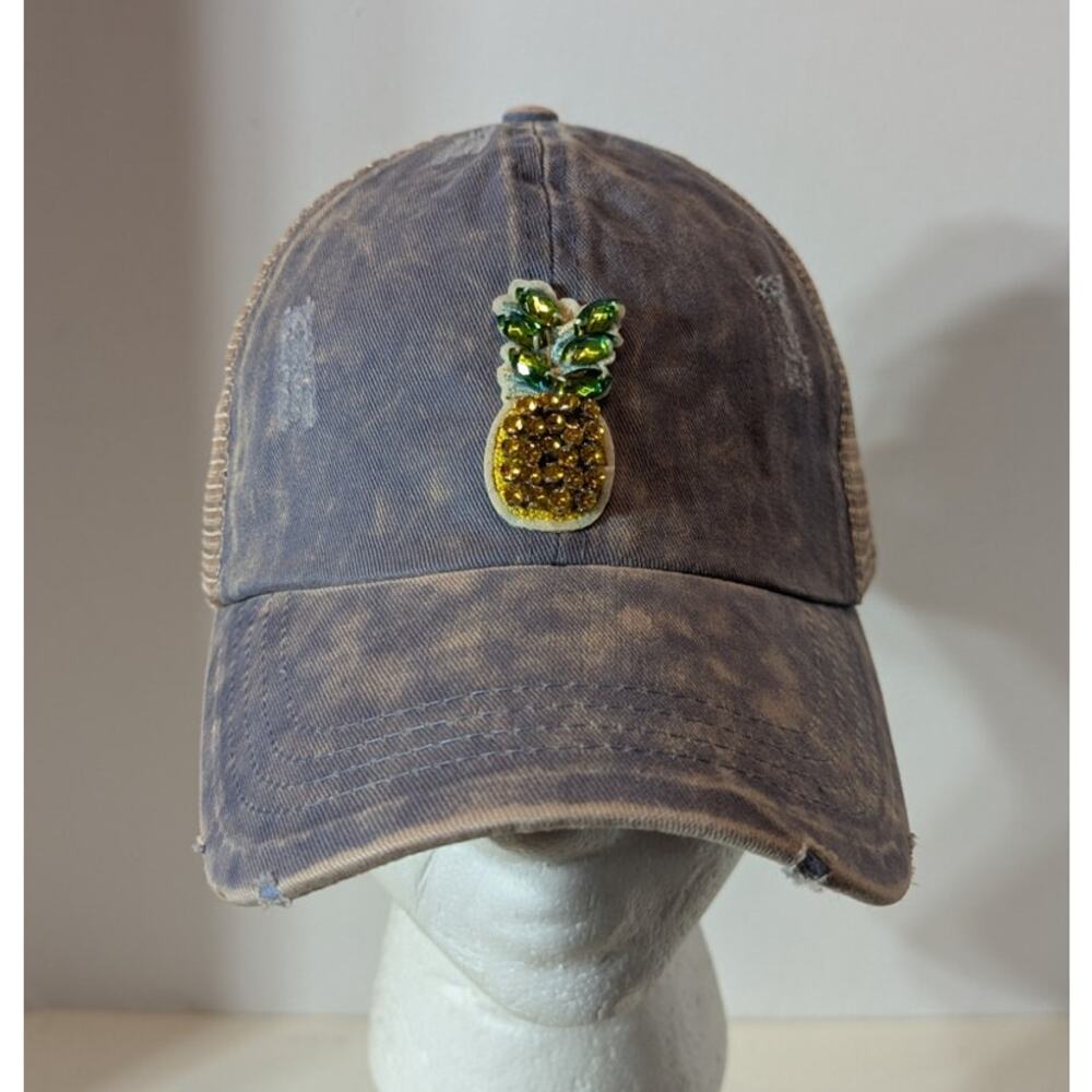 NWT David & Young Distressed Denim Ball Cap W/ Jeweled Pineapple